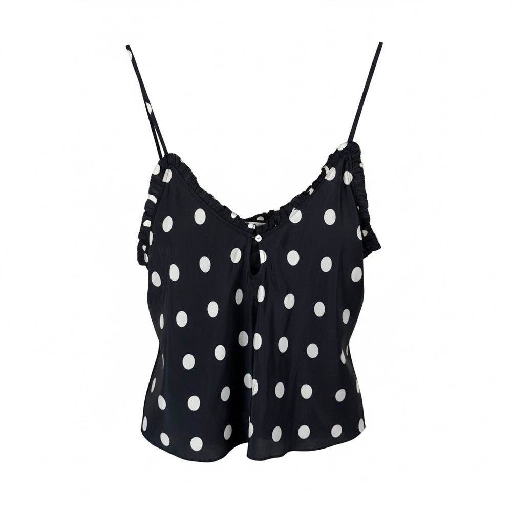 Doen Louise Silk Ruffle Cami Tank Top Solstice Sky Polka Dot Black White XXL